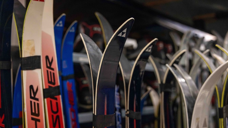 A photo of multiple pairs of cross country skis being stored vertically.